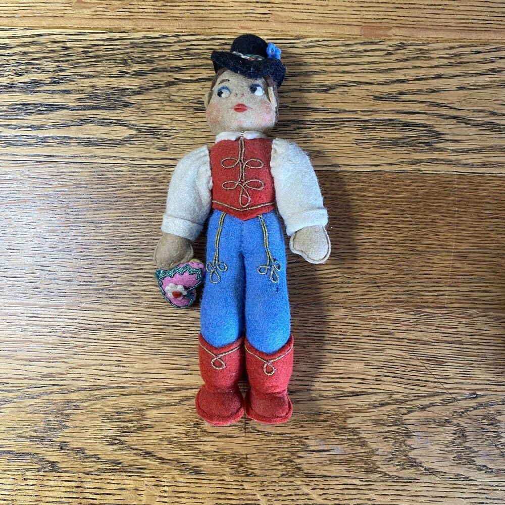Vintage Hungarian Felt 7" Boy Doll Embroidered Traditional Folk Attire